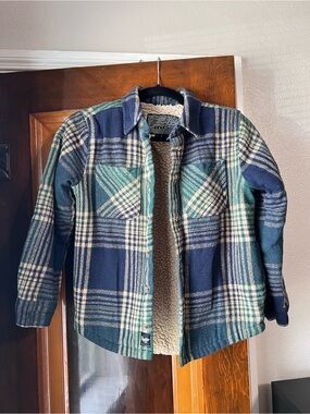Plaid Sherpa-Lined Kids Jacket - Blue & Teal